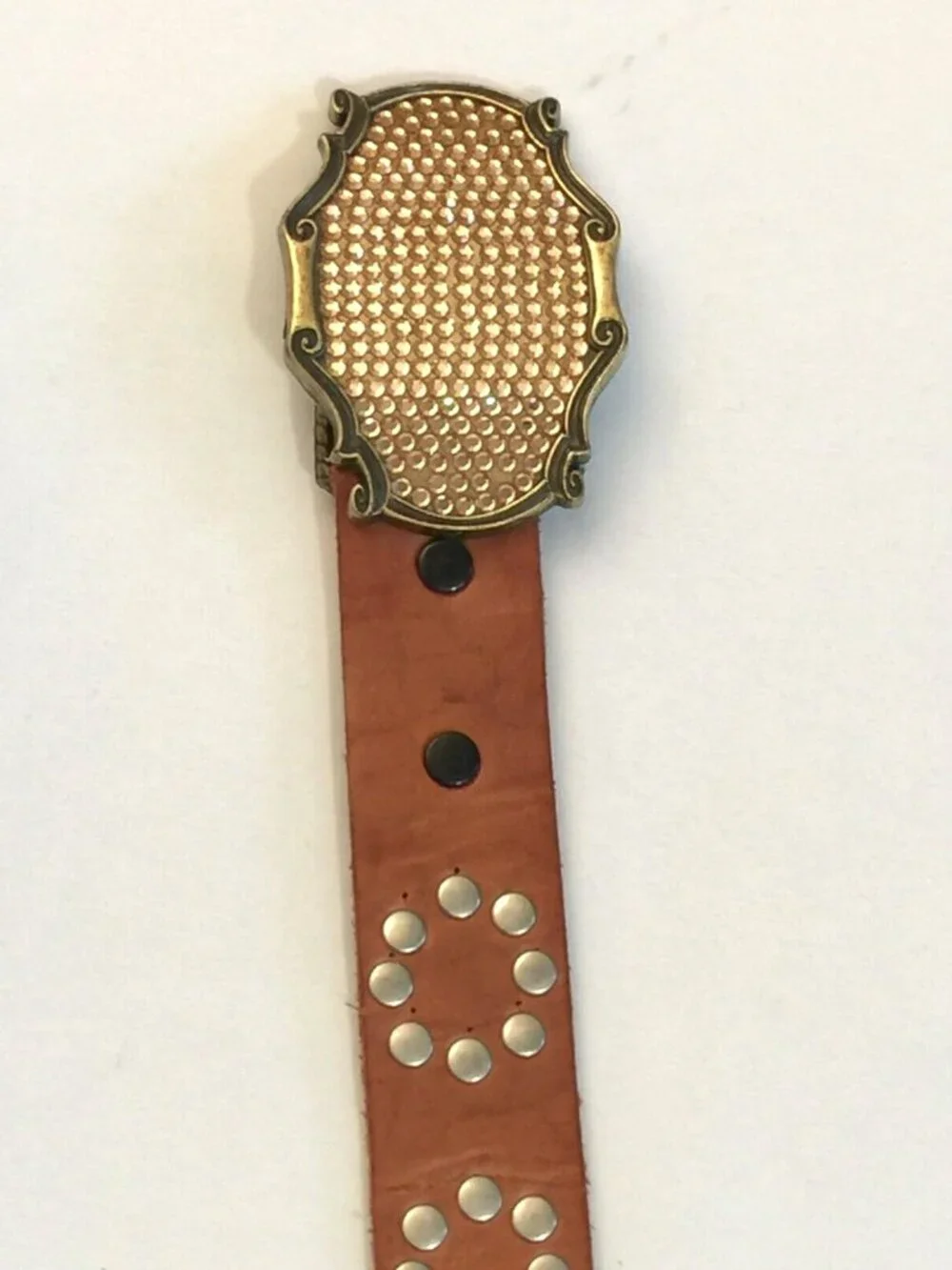 VINTAGE BROWN LEATHER STUDDED RHINESTONE BUCKLE WESTERN RODEO BELT WOMENS 34